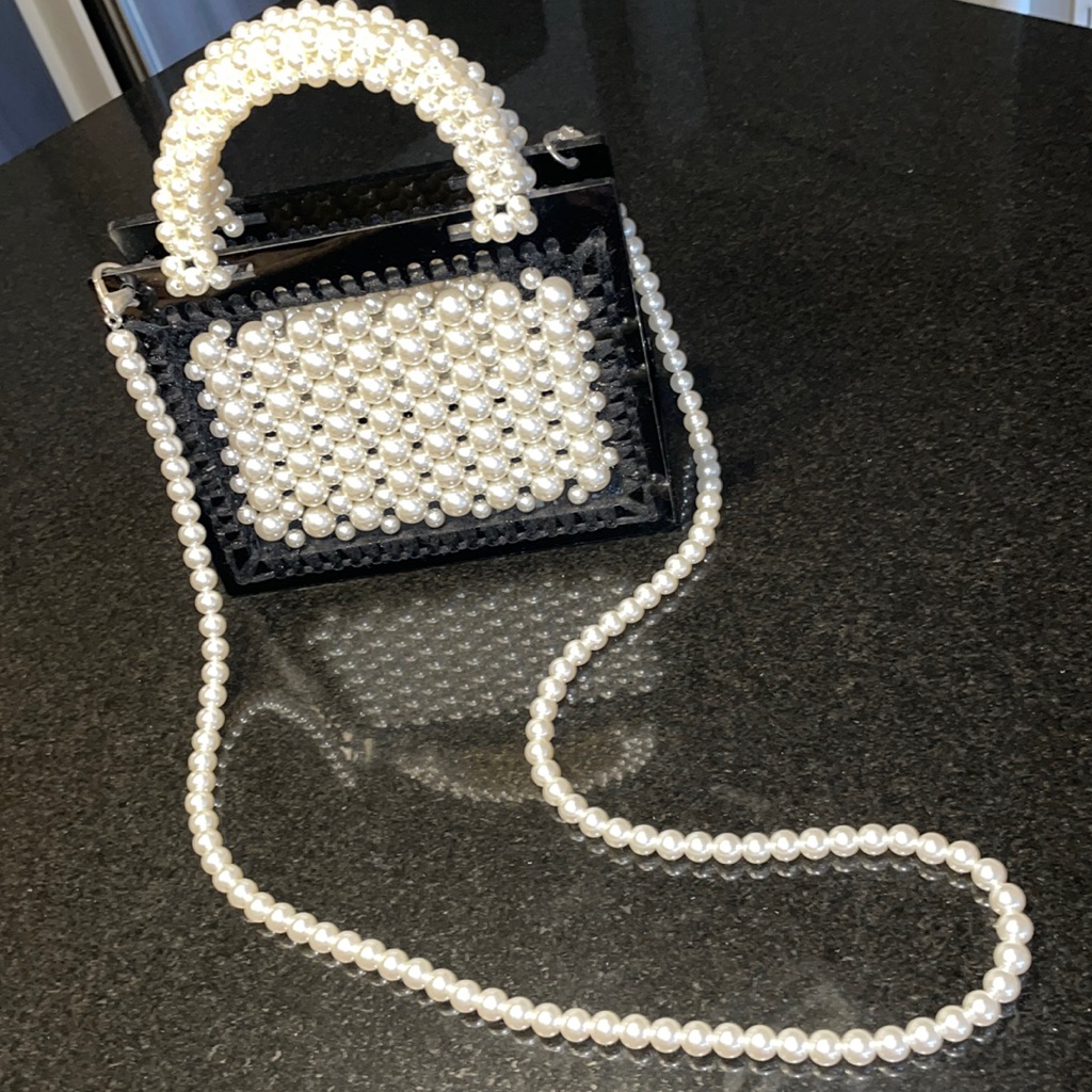 Black Pearl Mini Tote Bag With Pearl Shoulder Strap